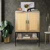 2 Rattan Doors Free Standing Sideboard Storage Cabinet with Bottom Shelf for Kitchen Dinning Room Living Room, Natural Color