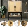 2 Rattan Doors Free Standing Sideboard Storage Cabinet with Bottom Shelf for Kitchen Dinning Room Living Room, Natural Color