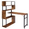 Home Office Computer Desk L-Shaped Corner Table; Rotating Computer Table with 5-Story Bookshelf; four installation methods; Lockable casters (Tiger) R