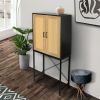 59'' High Elegant Cabinet with 2 Rattan Doors Bedroom Living Room Kitchen Cupboard Wooden Furniture with 3-Tier Shelving X-Shaped Supporting Bars Easy