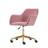 Modern Velvet Fabric Material Adjustable Height 360 revolving Home Office Chair with Gold Metal Legs and Universal Wheels for Indoor; Pink