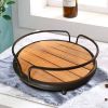 Round Tubular Metal Frame Tray with Plank Style Wooden Base; Brown and Black