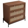 Modern Cannage Rattan Wood Closet 3-Drawer Chest Wood Storage Cabinet Sideboard for Bedroom, Living Room, Entryway, Hallway, Walnut