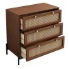 Modern Cannage Rattan Wood Closet 3-Drawer Chest Wood Storage Cabinet Sideboard for Bedroom, Living Room, Entryway, Hallway, Walnut