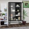 Double Glass Door Storage Cabinet with Adjustable Shelves and Feet Cold-Rolled Steel Sideboard Furniture for Living Room Kitchen Black