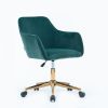 Modern Velvet Fabric Material Adjustable Height 360 revolving Home Office Chair with Gold Metal Legs and Universal Wheels for Indoor; Dark Green