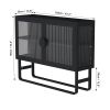 Double Glass Door Storage Cabinet with Adjustable Shelf U-Shaped Leg Cold-Rolled Steel Sideboard Furniture for Living Room Kitchen Black