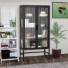 Double Glass Door Storage Cabinet with Adjustable Shelves and Feet Cold-Rolled Steel Sideboard Furniture for Living Room Kitchen Black