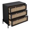 Modern Cannage Rattan Wood Closet 3-Drawer Chest Wood Storage Cabinet Sideboard for Bedroom, Living Room, Entryway, Hallway, Black