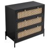 Modern Cannage Rattan Wood Closet 3-Drawer Chest Wood Storage Cabinet Sideboard for Bedroom, Living Room, Entryway, Hallway, Black