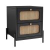 Modern Cannage Rattan Wood Closet 2-Drawer Side Table End Table Nightstand for Bedroom, Living Room, Entryway, Hallway, Black