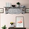 28 Inch Handcrafted Floating Wall Shelf; Ornate Carved Wood With Engraved Floral Details; Distressed White