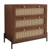 Modern Cannage Rattan Wood Closet 3-Drawer Chest Wood Storage Cabinet Sideboard for Bedroom, Living Room, Entryway, Hallway, Walnut