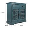 Craftsman Series 32 Inch Wooden Accent Cabinet with Fretwork Glass Front; Blue