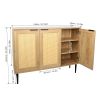 Elegant Kitchen Buffet Storage Cabinet with 3 Rattan Doors for Bedroom Living Room Kitchen Cupboard Wooden Furniture with 3-Tier Shelving ,Natural Col