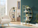 4 Tiers Home Office Open Bookshelf; Round Shape; Different Placement Ways; MDF Board; Gold Metal Frame; White