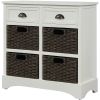 TREXM Rustic Storage Cabinet with Two Drawers and Four Classic Rattan Basket for Dining Room/Living Room (White)