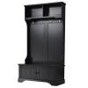 TREXM Hall Tree Entryway Bench with Shelves Cabinet and Four Hooks; 3-in-1 Design; Black (Restock in Late August)