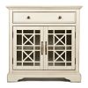 Koi 32 Inch Acacia Wood Accent Cabinet Console; 2 Fretwork Tempered Glass Doors; 1 Shelf; Antique White