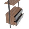 Ladder Bookcase; Vertical open space shelf with 2 drawers; office bookshelf wall mount required (walnut); provides storage for artwork; decorative fig