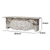 28 Inch Handcrafted Floating Wall Shelf; Ornate Carved Wood With Engraved Floral Details; Distressed White