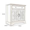 Koi 32 Inch Acacia Wood Accent Cabinet Console; 2 Fretwork Tempered Glass Doors; 1 Shelf; Antique White