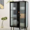 Retro Style Fluted Glass High Cabinet Storage Dual Doors Three Detachable Wide Shelves Enclosed Dust-free Storage for Living Room Bathroom Dining Room