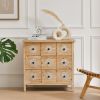 Accent Storage Cabinet Rattan Retro Wooden Apothecary Chest with 9-Drawer and Metal Handles