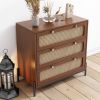 Modern Cannage Rattan Wood Closet 3-Drawer Chest Wood Storage Cabinet Sideboard for Bedroom, Living Room, Entryway, Hallway, Walnut