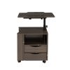 Height Adjustable Overbed End Table Wooden Nightstand with Swivel Top; Storage Drawers; Wheels and Open Shelf; (Black Walnut)