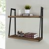 Joel 18 Inch Rectangular 2 Tier Wood Floating Wall Mount Shelf with Metal Frame; Brown and Black