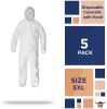 Disposable SF Coveralls. Pack of 5 White Large Body Protective Suits of Laminated Polypropylene 60 gsm. Unisex PPE Workwear with Microporous Film; Hoo