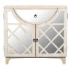 Mango Wood Cabinet with Mirrored look Steel Insert Door Storage; Beige