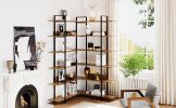 74.8 Inch Bookshelf L-shape MDF Boards Stainless Steel Frame Corner 6-tier Shelves Adjustable Foot Pads; Brown