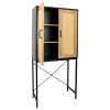 59'' High Elegant Cabinet with 2 Rattan Doors Bedroom Living Room Kitchen Cupboard Wooden Furniture with 3-Tier Shelving X-Shaped Supporting Bars Easy