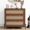 Modern Cannage Rattan Wood Closet 3-Drawer Chest Wood Storage Cabinet Sideboard for Bedroom, Living Room, Entryway, Hallway, Walnut