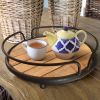 Round Tubular Metal Frame Tray with Plank Style Wooden Base; Brown and Black