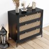 Modern Cannage Rattan Wood Closet 3-Drawer Chest Wood Storage Cabinet Sideboard for Bedroom, Living Room, Entryway, Hallway, Black