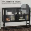 Double Glass Door Storage Cabinet with Adjustable Shelf U-Shaped Leg Cold-Rolled Steel Sideboard Furniture for Living Room Kitchen Black