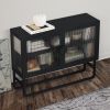 Double Glass Door Storage Cabinet with Adjustable Shelf U-Shaped Leg Cold-Rolled Steel Sideboard Furniture for Living Room Kitchen Black