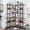 74.8 Inch Bookshelf L-shape MDF Boards Stainless Steel Frame Corner 6-tier Shelves Adjustable Foot Pads; Brown