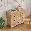 Accent Storage Cabinet Rattan Retro Wooden Apothecary Chest with 9-Drawer and Metal Handles