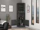 Syrah Corner Bar Cabinet; Eight Bottle Cubbies; Double Door; Two Open Shelves -Smokey Oak