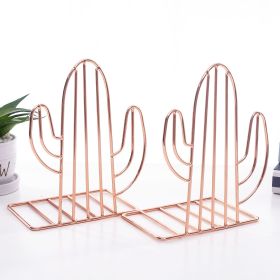 Geometric Metal Iron Cactus Bookends - Heavy Duty Nonskid Book Stand Organizer for Shelves & Binders (Color: Rose Golden)