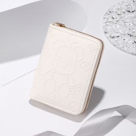 Cartoon Bear Pattern Short Wallet, Zipper Around Coin Purse, Solid Color Credit Card Holder (Color: White)