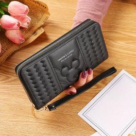 Mouse Head Embossing Long Purse, Faux Leather Textured Long Wallet, Casual Functional Card Holder (Color: Black, size: 7.48inch*4.72inch*0.79inch)