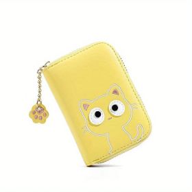 Kawaii Multi-card Slot Card Holder, Cute Cat Embroidered Coin Purse, Mini Zipper Short Wallet With Pendant (4.3*1.2*3)inch (Color: Yellow)