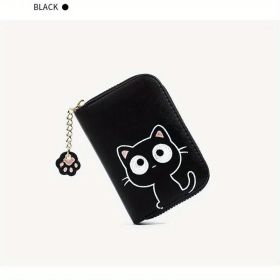 Kawaii Multi-card Slot Card Holder, Cute Cat Embroidered Coin Purse, Mini Zipper Short Wallet With Pendant (4.3*1.2*3)inch (Color: Black)