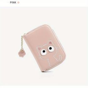 Kawaii Multi-card Slot Card Holder, Cute Cat Embroidered Coin Purse, Mini Zipper Short Wallet With Pendant (4.3*1.2*3)inch (Color: Pink)