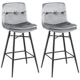 2 Pieces 29 Inch Velvet Bar Stools Set with Tufted Back and Footrests (Color: Gray)